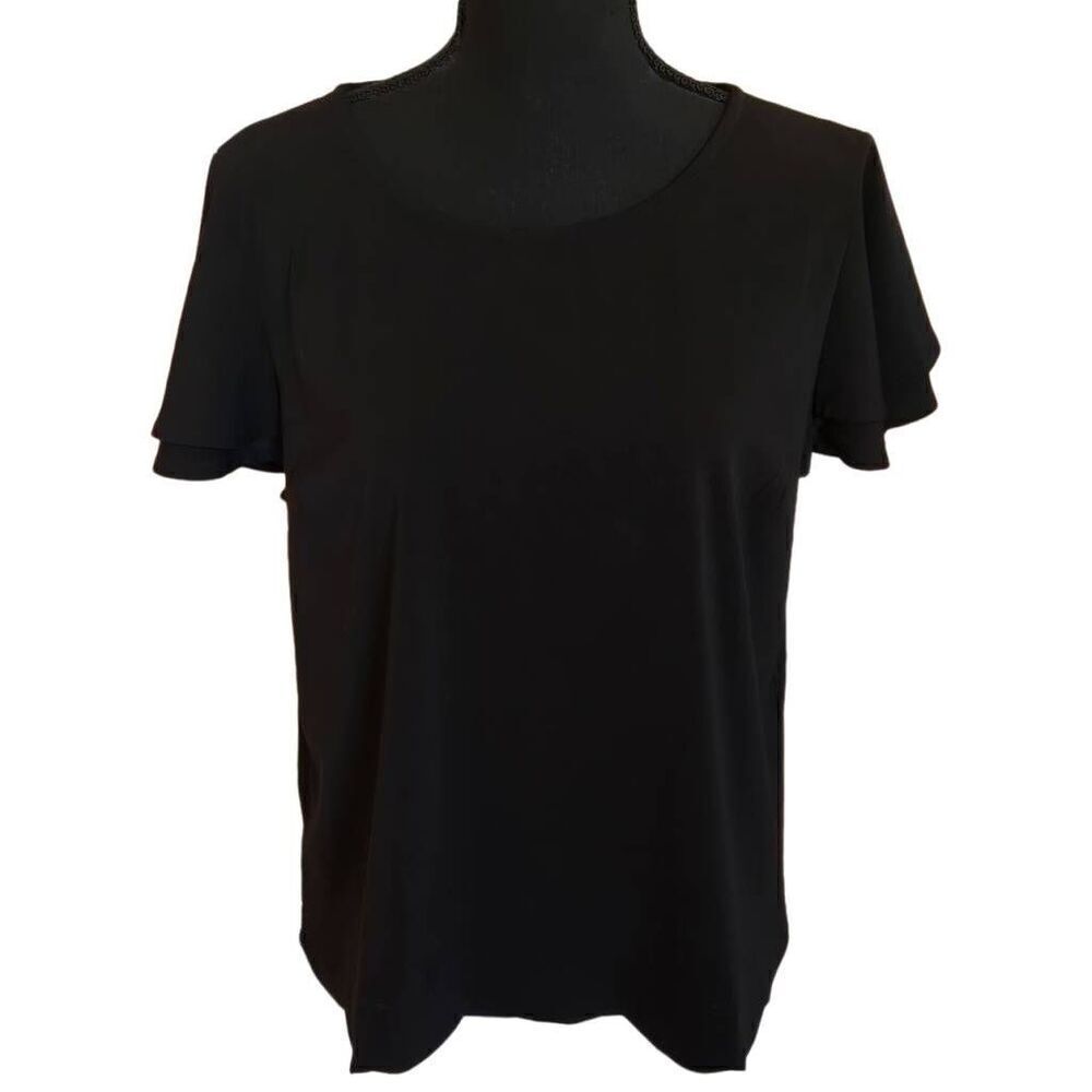 Versona Womens Crew Neck  Scallop Hem Short Flutter Sleeve Top Black Size Medium